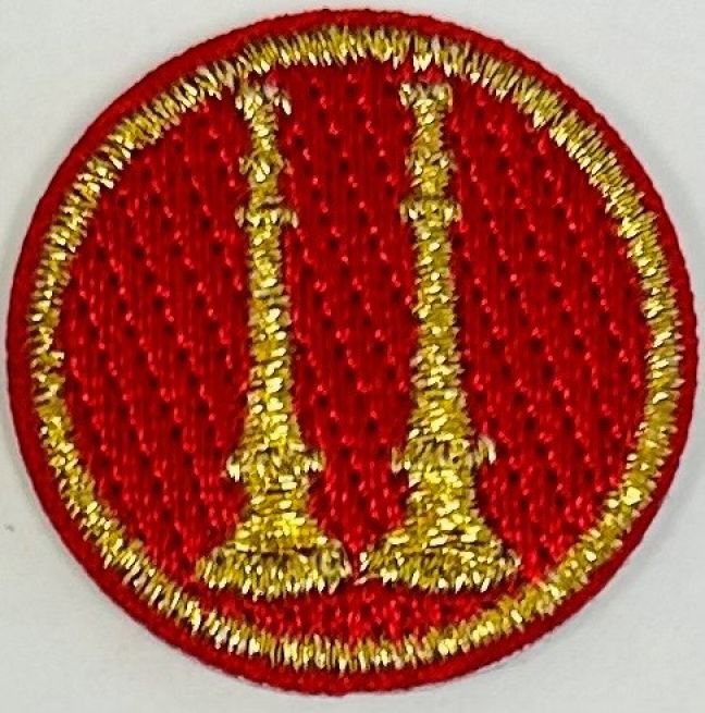 FIRE FIGHTER BUGLE, 1" CIRCLE - METALLIC GOLD on RED - SEW ON.